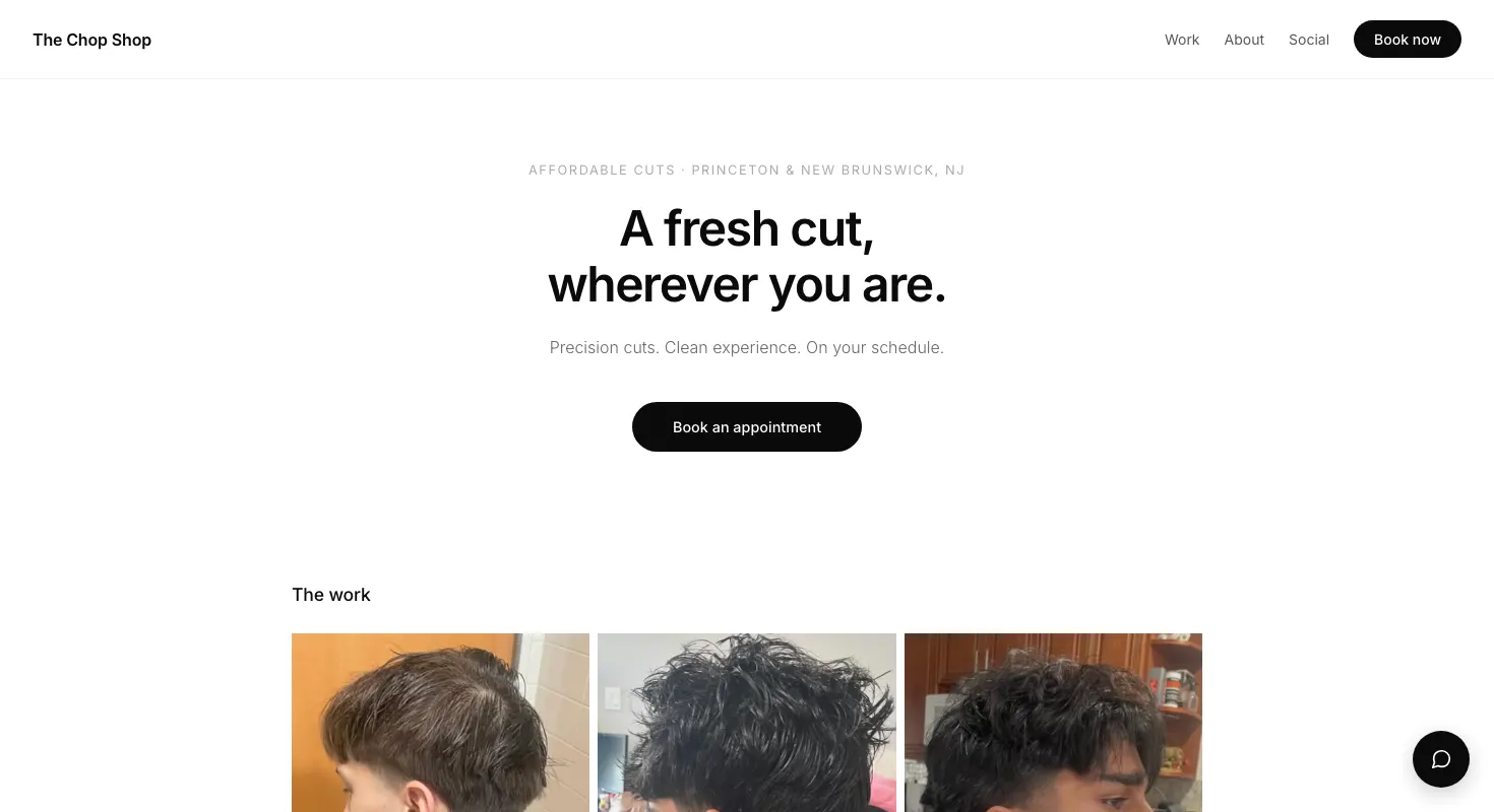 Landing page of the Aarya Cuts booking site with the headline "A fresh cut, wherever you are", a Book an appointment button, and a gallery of haircut photos beginning below.