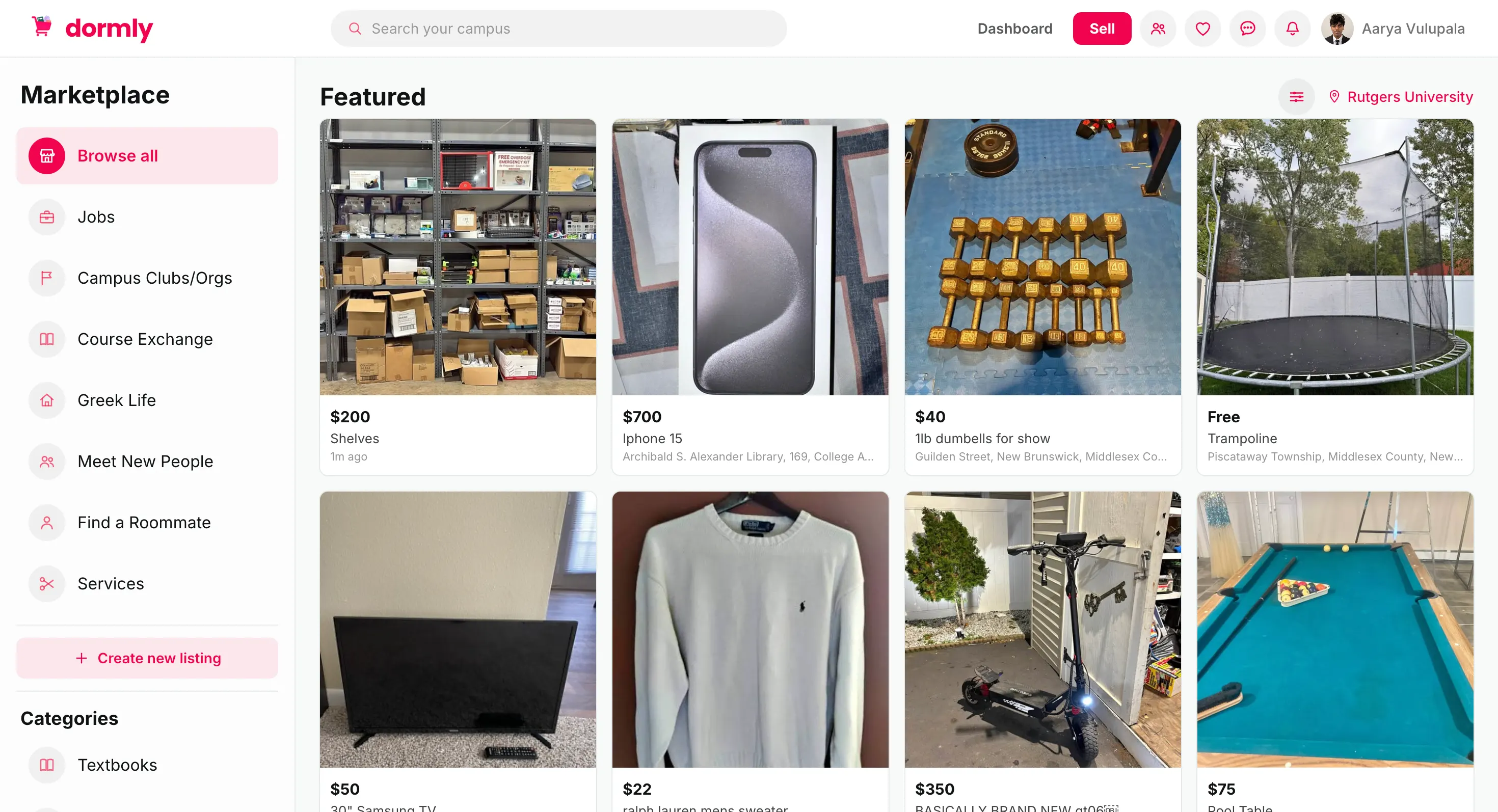 Dormly marketplace home page showing a grid of featured listings (shelves, iPhone 15, dumbbells, trampoline, TV, sweater, scooter, pool table) and a sidebar with Jobs, Campus Clubs, Course Exchange, Find a Roommate and Services.