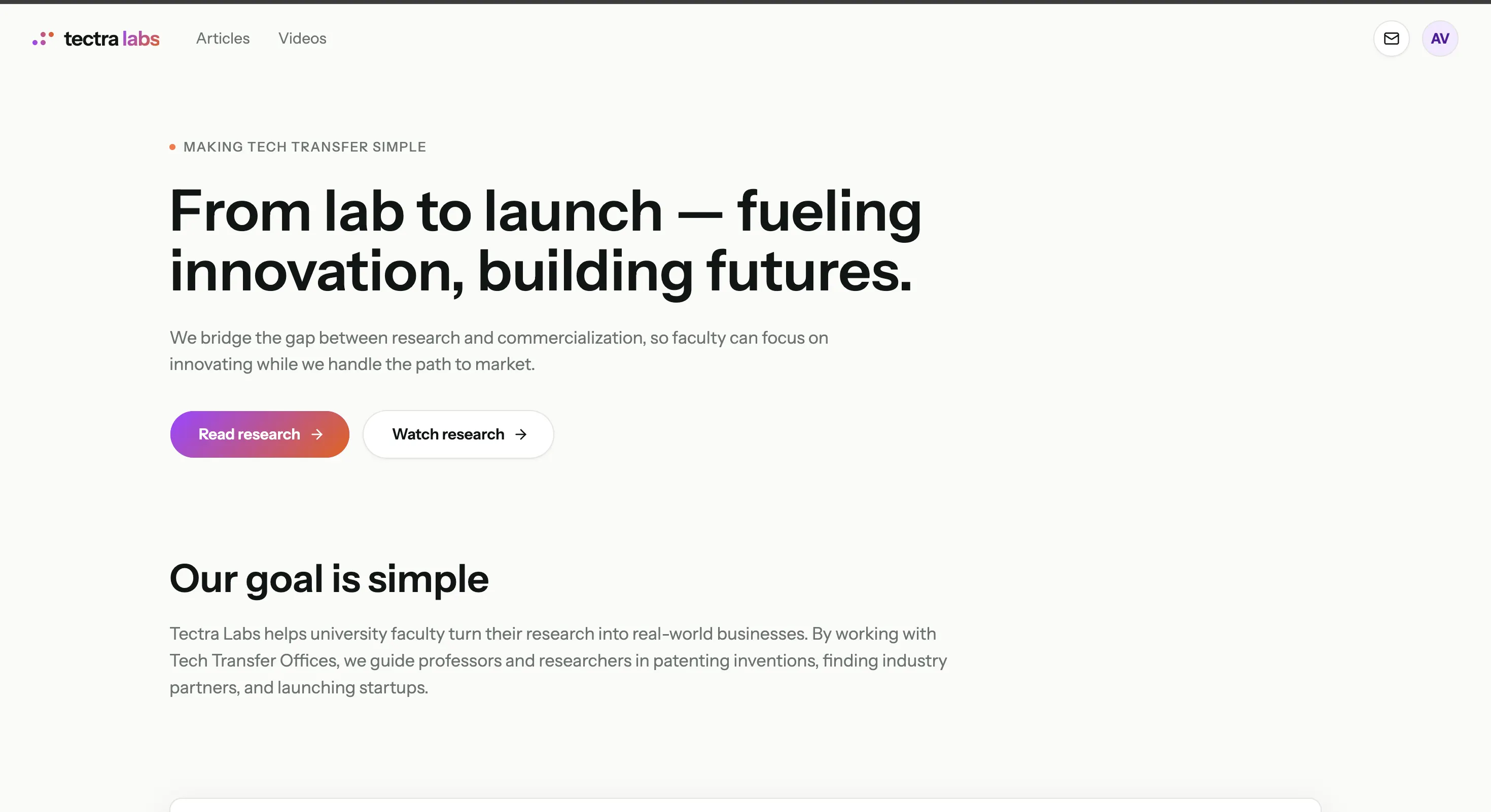Tectra Labs home page with the headline "From lab to launch — fueling innovation, building futures."